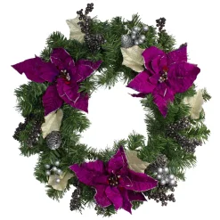 Outlet Poinsettia and Pine Cone Berries Artificial Christmas Wreath - 24" - Purple - Unlit Unlit