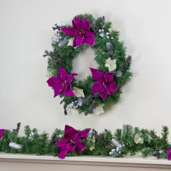 Outlet Poinsettia and Pine Cone Berries Artificial Christmas Wreath - 24" - Purple - Unlit Unlit