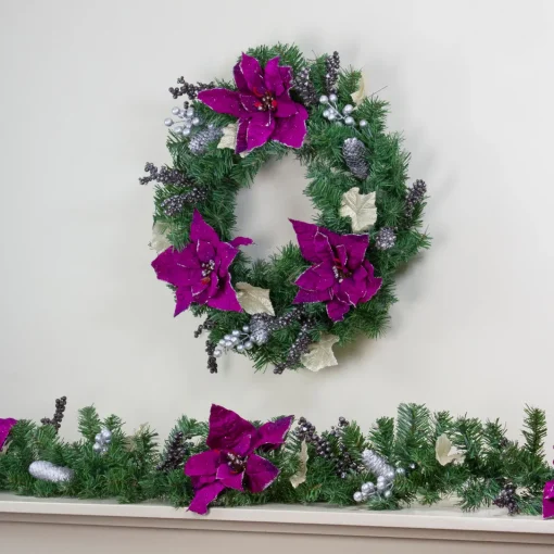 Outlet Poinsettia and Pine Cone Berries Artificial Christmas Wreath - 24" - Purple - Unlit Unlit