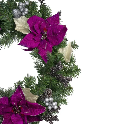 Outlet Poinsettia and Pine Cone Berries Artificial Christmas Wreath - 24" - Purple - Unlit Unlit