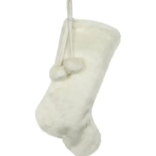 Discount Polar Bear Faux Fur Christmas Stocking with Pom Poms - 20.5" - White Stockings