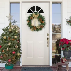 Online Pre-Decorated Ball Ornaments and Bow Artificial Christmas Wreath - 24" - Unlit Pre Decorated