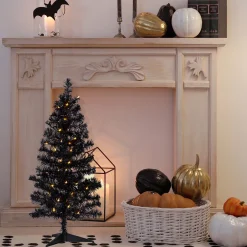 Hot Pre-Lit Artificial Tinsel Halloween Tree - 3' - Black - Clear Lights Pre-Lit