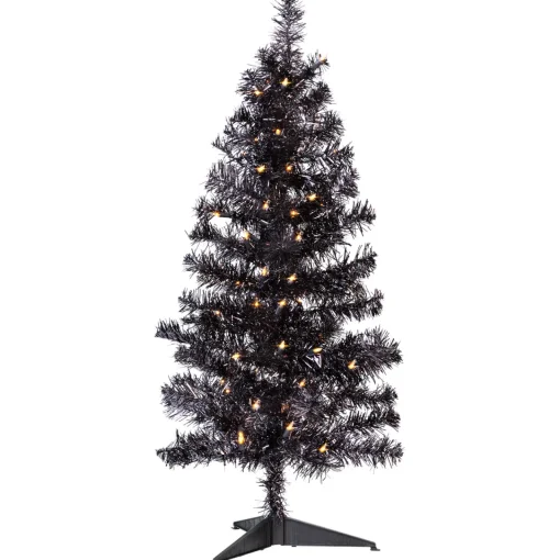 Hot Pre-Lit Artificial Tinsel Halloween Tree - 3' - Black - Clear Lights Pre-Lit