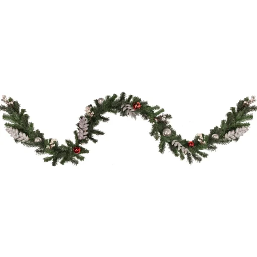 Pre-Lit Battery Operated Decorated Green Pine Christmas Garland - 9' - Warm White LED Lights Pre Decorated
