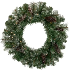 Clearance Pre-Lit Battery Operated Frosted Pine Christmas Wreath - 24" - Warm White LED Lights Pre Decorated