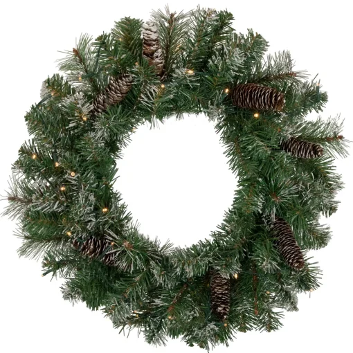 Clearance Pre-Lit Battery Operated Frosted Pine Christmas Wreath - 24" - Warm White LED Lights Pre Decorated