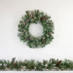 Clearance Pre-Lit Battery Operated Frosted Pine Christmas Wreath - 24" - Warm White LED Lights Pre Decorated