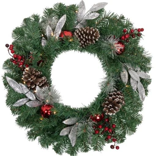 Best Pre-Lit Battery Operated Frosted Pine Cone and Berries Christmas Wreath - 24" - White LED Lights Pre Decorated