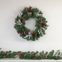 Best Pre-Lit Battery Operated Frosted Pine Cone and Berries Christmas Wreath - 24" - White LED Lights Pre Decorated
