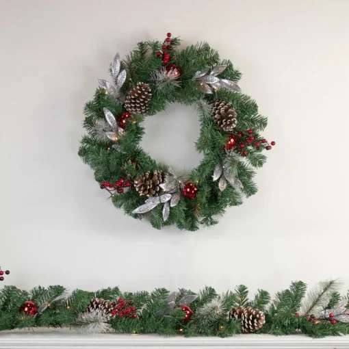 Best Pre-Lit Battery Operated Frosted Pine Cone and Berries Christmas Wreath - 24" - White LED Lights Pre Decorated