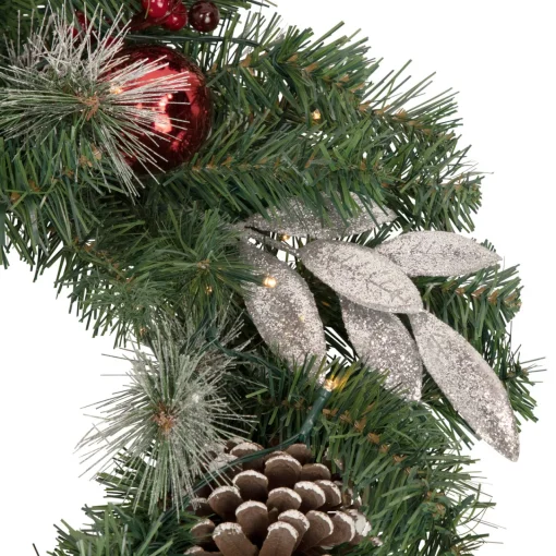 Best Pre-Lit Battery Operated Frosted Pine Cone and Berries Christmas Wreath - 24" - White LED Lights Pre Decorated