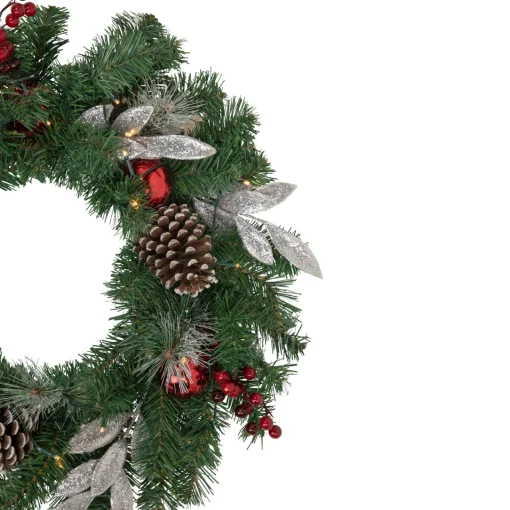 Best Pre-Lit Battery Operated Frosted Pine Cone and Berries Christmas Wreath - 24" - White LED Lights Pre Decorated