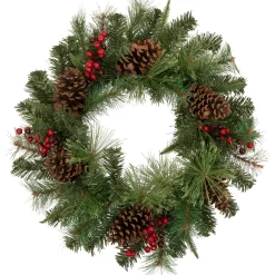 Pre-Lit Battery Operated Mixed Pine and Berries Christmas Wreath - 24" - Warm White LED Lights Pre Decorated