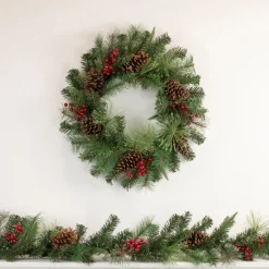 Pre-Lit Battery Operated Mixed Pine and Berries Christmas Wreath - 24" - Warm White LED Lights Pre Decorated