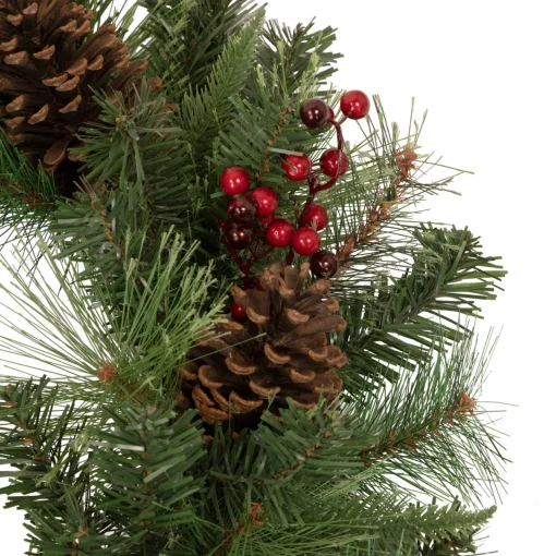 Pre-Lit Battery Operated Mixed Pine and Berries Christmas Wreath - 24" - Warm White LED Lights Pre Decorated