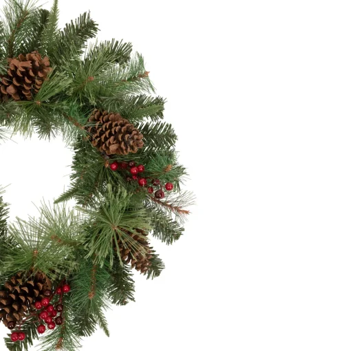Pre-Lit Battery Operated Mixed Pine and Berries Christmas Wreath - 24" - Warm White LED Lights Pre Decorated