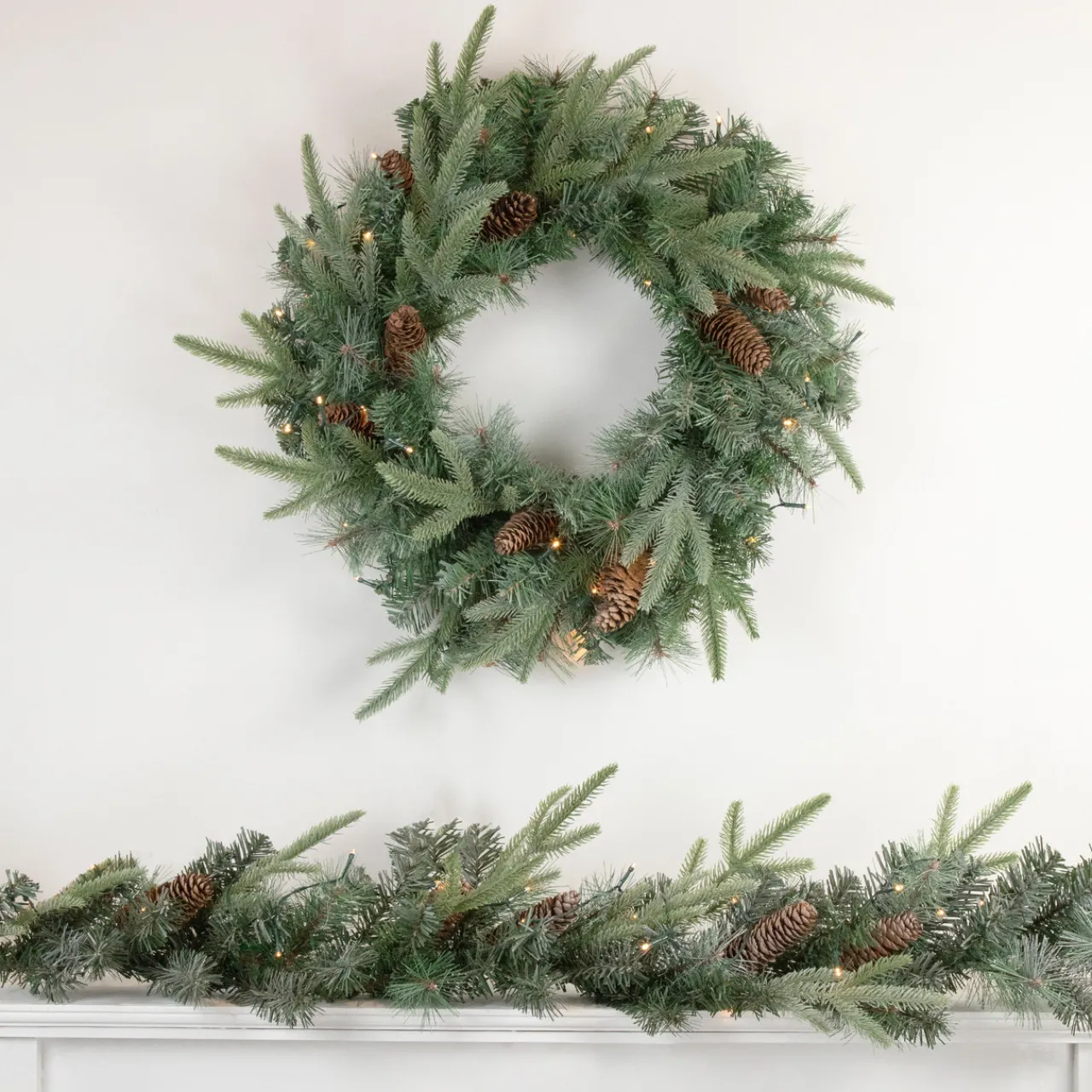 Sale Pre-Lit Battery Operated Mixed Pine and Pine Cone Christmas Wreath - 24" - Warm White LED Lights Pre Lit