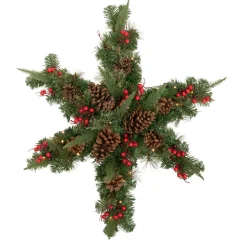 Hot Pre-Lit Battery Operated Mixed Pine and Berries Christmas Snowflake Wreath - 32" - Warm White LED Lights Pre Decorated