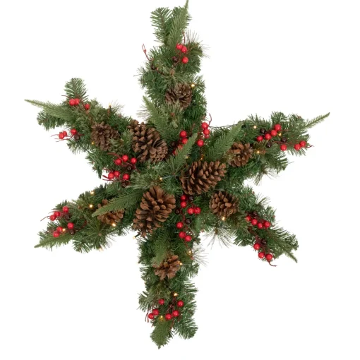Hot Pre-Lit Battery Operated Mixed Pine and Berries Christmas Snowflake Wreath - 32" - Warm White LED Lights Pre Decorated