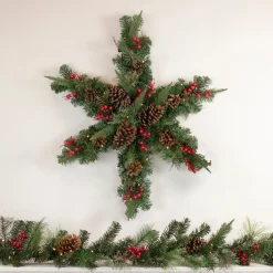 Hot Pre-Lit Battery Operated Mixed Pine and Berries Christmas Snowflake Wreath - 32" - Warm White LED Lights Pre Decorated