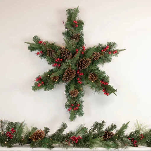 Hot Pre-Lit Battery Operated Mixed Pine and Berries Christmas Snowflake Wreath - 32" - Warm White LED Lights Pre Decorated