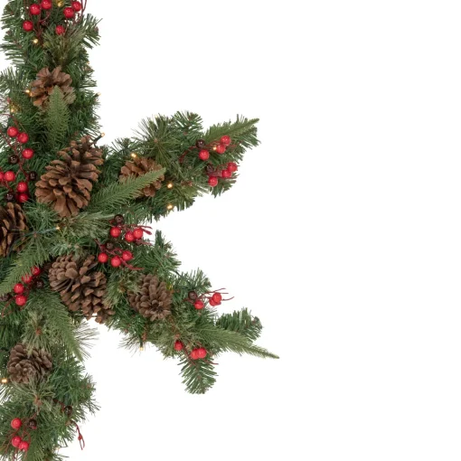 Hot Pre-Lit Battery Operated Mixed Pine and Berries Christmas Snowflake Wreath - 32" - Warm White LED Lights Pre Decorated