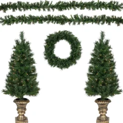 Discount Pre-Lit Battery Operated Norwich Pine Artificial Christmas Entryway Set - 5-Piece - Clear Lights Pre-Lit