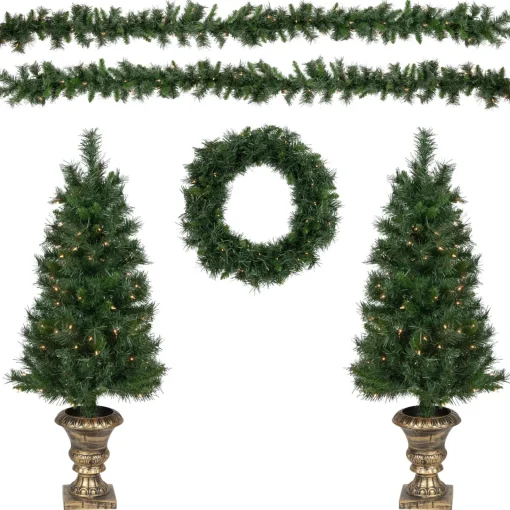 Discount Pre-Lit Battery Operated Norwich Pine Artificial Christmas Entryway Set - 5-Piece - Clear Lights Pre-Lit