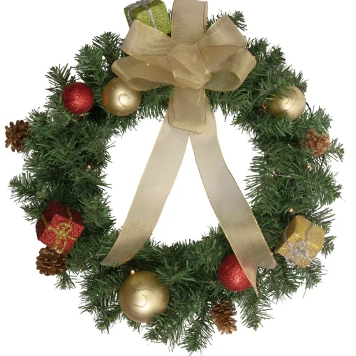 Clearance Pre-Lit Battery Operated Pine Cone and Gifts Christmas Wreath - 24" - Warm Clear LED Lights Pre Decorated