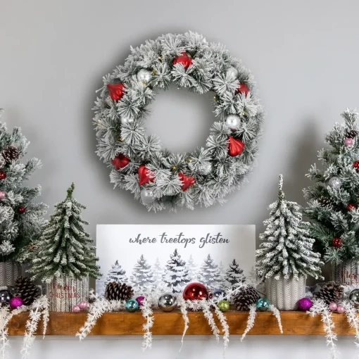Pre-Lit Battery Operated Snowy Bristle Pine Christmas Wreath - 24" - Warm White LED Lights Pre Lit