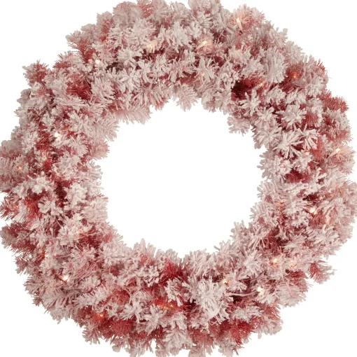 Hot Pre-Lit Flocked Red Artificial Christmas Wreath, 36 Inch, Clear Lights Colorful