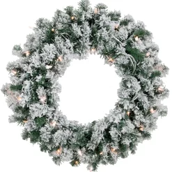Online Pre-Lit Flocked Snow White Artificial Christmas Wreath, 24-Inch, Clear Lights Frosted