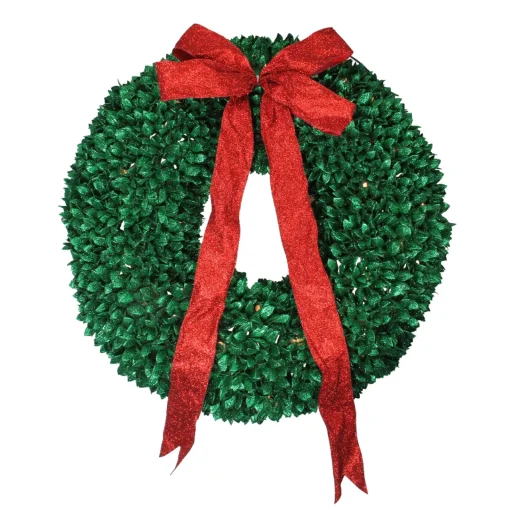 Discount Pre-Lit Glittered Leaves Artificial Christmas Wreath - 28-Inch, Clear Lights Colorful