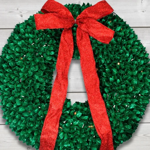 Discount Pre-Lit Glittered Leaves Artificial Christmas Wreath - 28-Inch, Clear Lights Colorful
