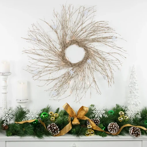 Clearance Pre-lit Glittered Twig and Snowflake Christmas Wreath - 28" - Warm White LED Lights Pre Lit