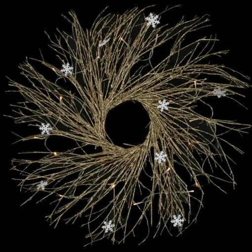 Clearance Pre-lit Glittered Twig and Snowflake Christmas Wreath - 28" - Warm White LED Lights Pre Lit