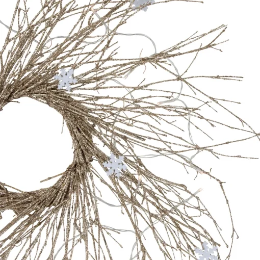 Clearance Pre-lit Glittered Twig and Snowflake Christmas Wreath - 28" - Warm White LED Lights Pre Lit