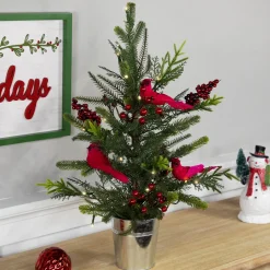 Pre-Lit LED Mixed Pine Potted Christmas Tree with Berries and Cardinals - 2' - Warm White Lights Potted