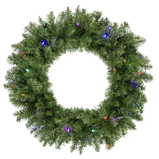 Clearance Pre-Lit Rockwood Pine Artificial Christmas Wreath, 24-Inch, Multi LED Lights Pre Lit