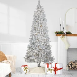 Pre-Lit Slim Flocked White Pine Artificial Christmas Tree - 7.5' - Warm White LED Lights Pre-Lit
