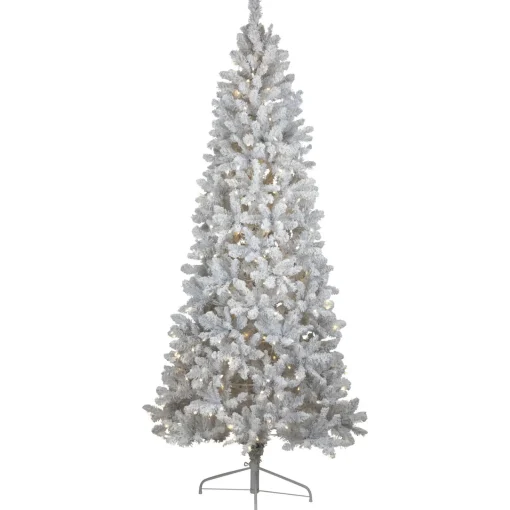 Pre-Lit Slim Flocked White Pine Artificial Christmas Tree - 7.5' - Warm White LED Lights Pre-Lit