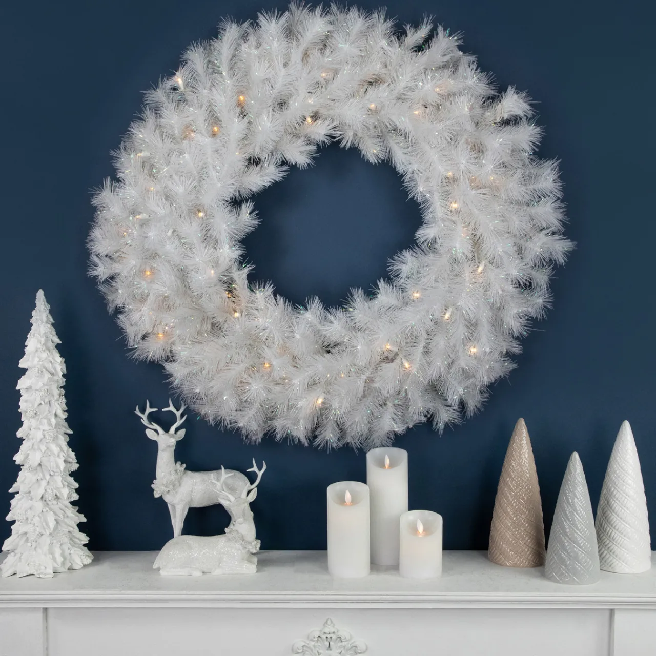 Clearance Pre-Lit White Alaskan Pine Artificial Christmas Wreath, 36-Inch, Warm White LED Lights Colorful