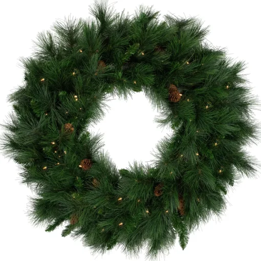 Discount Pre-Lit White Valley Pine Artificial Pinecone Christmas Wreath - 36" - Clear Lights Pre Lit