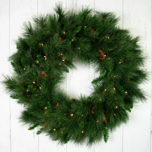 Discount Pre-Lit White Valley Pine Artificial Pinecone Christmas Wreath - 36" - Clear Lights Pre Lit