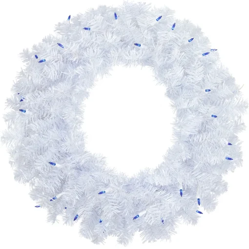 Discount Pre-Lit Woodbury White Pine Artificial Christmas Wreath, 24-Inch, Blue Lights Pre Lit