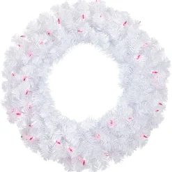 Online Pre-Lit Woodbury White Pine Artificial Christmas Wreath, 24-Inch, Pink Lights Pre Lit