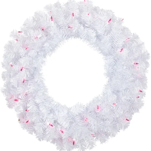 Online Pre-Lit Woodbury White Pine Artificial Christmas Wreath, 24-Inch, Pink Lights Pre Lit