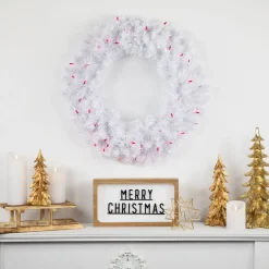 Online Pre-Lit Woodbury White Pine Artificial Christmas Wreath, 24-Inch, Pink Lights Pre Lit