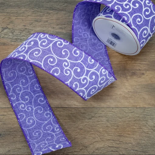 Outlet Purple and White Swirl Wired Spring Craft Ribbon 2.5" x 10 Yards Ribbons & Bows
